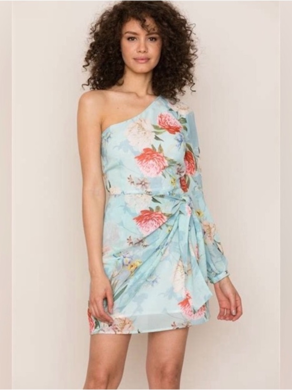 Yumi Kim Studio 54 One-Shoulder Floral Mini Dress Light Blue with Pink Accents L